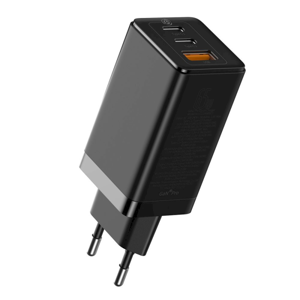 Baseus GaN CCGAN2P-B01 Сетевое зарядное устройство USB / 2 x USB-C / 65W / 5A / Quick Charge 3.0 Черное