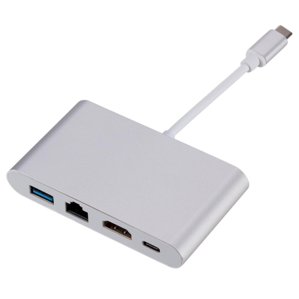 Goodbuy адаптер 4 в 1 USB-C - USB 3.0 / RJ45 (Gigabit) / HDMI / USB-C серебристый