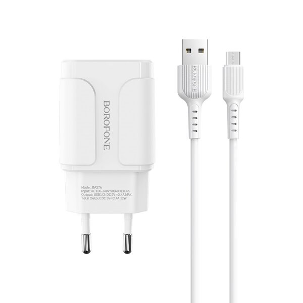 Borofone BA37A Универсальное Зарядное Устройство 2XUSB / 5V / 2.4A + Micro USB Провод 1М Белое