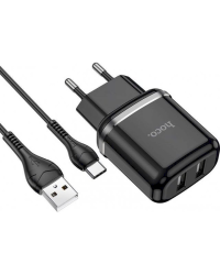 Hoco N4 универсальное зарядное устройство 2 x USB / 5V / 2.4A + USB-C провод 1М черная