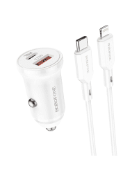 Borofone Car charger BZ18A - USB + Type C - PD 20W QC 3.0 18W with Type C to Lightning cable white