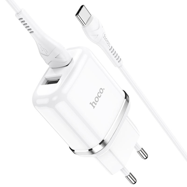 Hoco N4 универсальное зарядное устройство 2 x USB / 5V / 2.4A + USB-C провод 1М белая