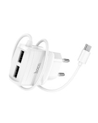 Hoco C59A Универсальное Зарядное Устройство 2 x USB / 5V / 2.4A + USB-C Провод 1М Белое