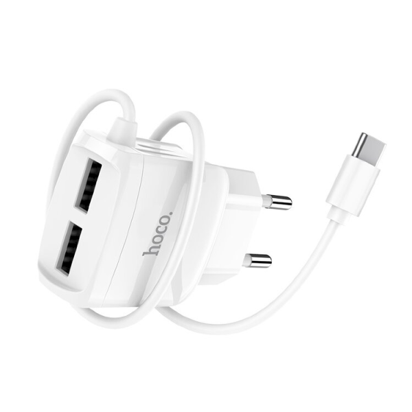 Hoco C59A Универсальное Зарядное Устройство 2 x USB / 5V / 2.4A + USB-C Провод 1М Белое