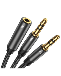 Joyroom AUX splitter audio cable 3,5 mm mini jack (female) - 2x 3,5 mm mini jack (male - microfon and headphones) 0,2m black (SY-A05)