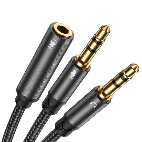 Joyroom AUX splitter audio cable 3,5 mm mini jack (female) - 2x 3,5 mm mini jack (male - microfon and headphones) 0,2m black (SY-A05)