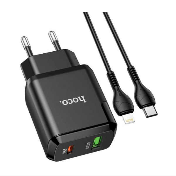 Hoco N5 PD20W универсальное зарядное устройство USB / 5V / 3A + lightning провод 1М черная