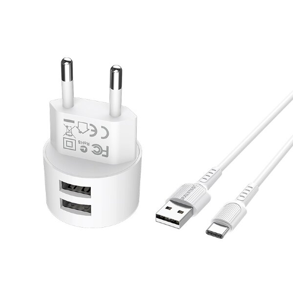 Borofone BA23A Универсальное Зарядное Устройство USB / 5V / 2.4A + Type-C Провод 1М Белое