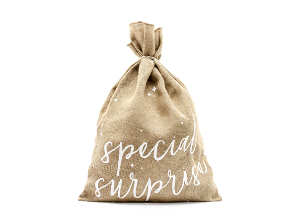 Jute sack Special Surprise, white, 40x55cm