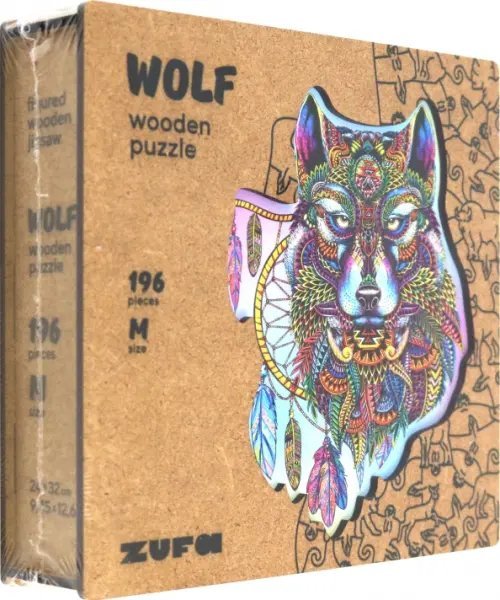 Деревянный пазл с двухслойной крышкой Волк, 196 деталей